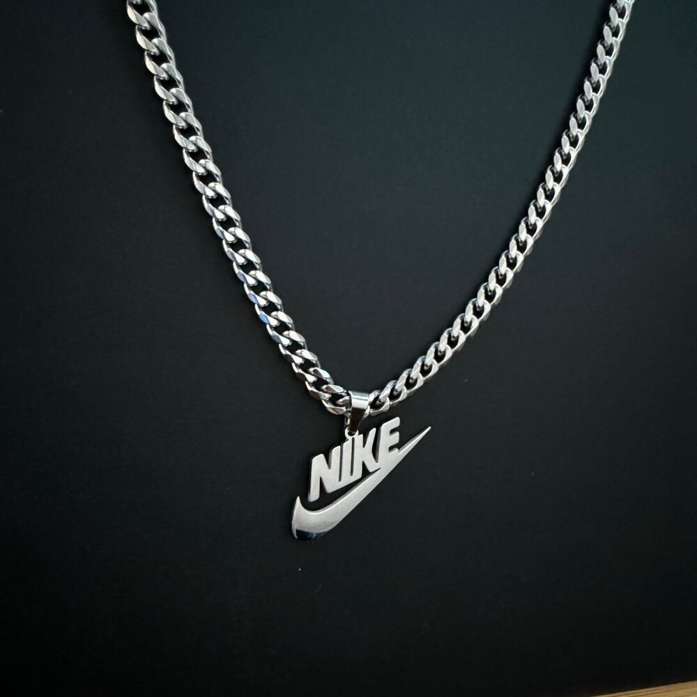 Nike Necklace - Silver Swoosh - 20 Inch Chain - 5mm Cuban - Handmade - Unisex